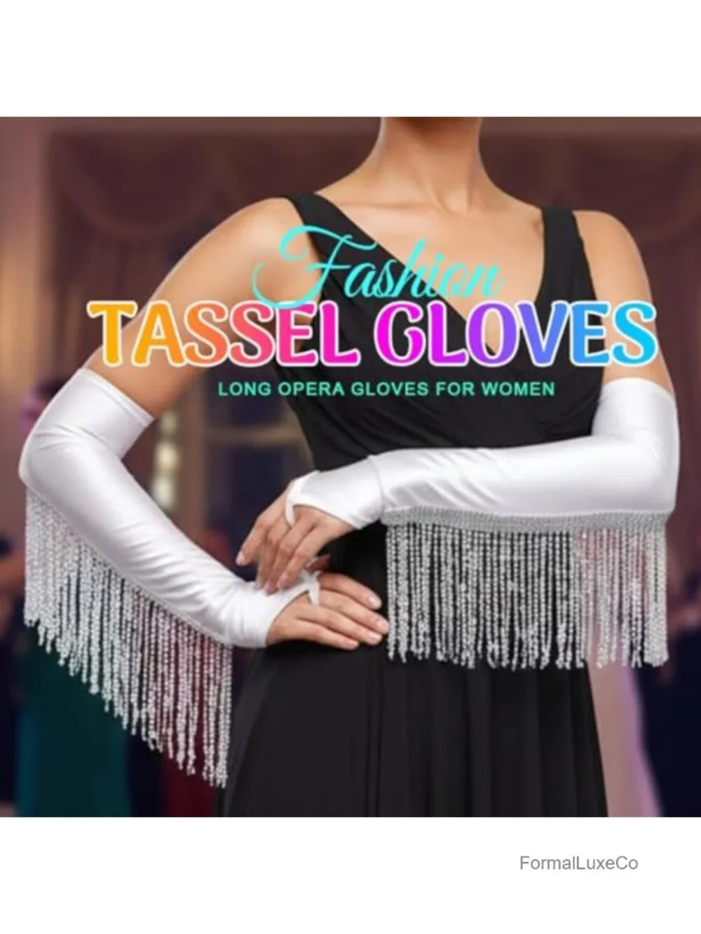 Long Fingerless Satin Gloves with Sequin Tassel for 1920s Costume & Cosplay